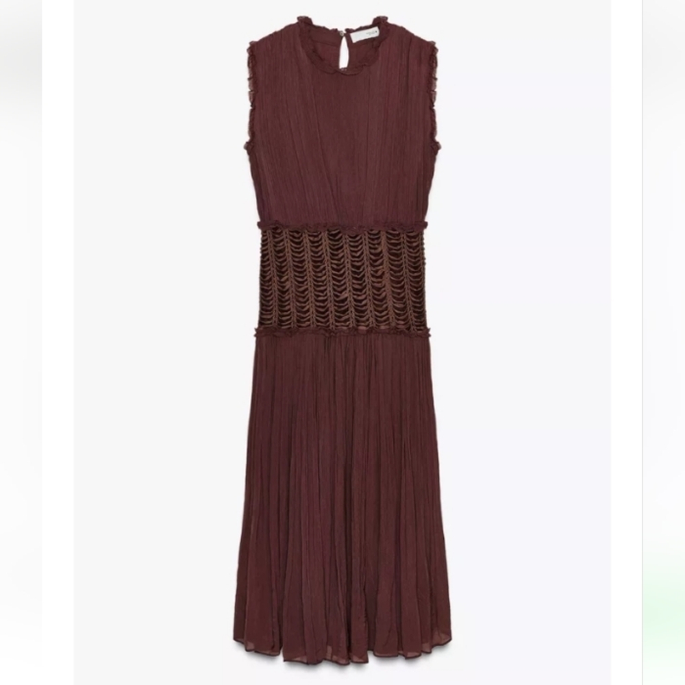 Zara Zw Collection Sleeveless Eggplant Midi Dress With Embroidery Waist